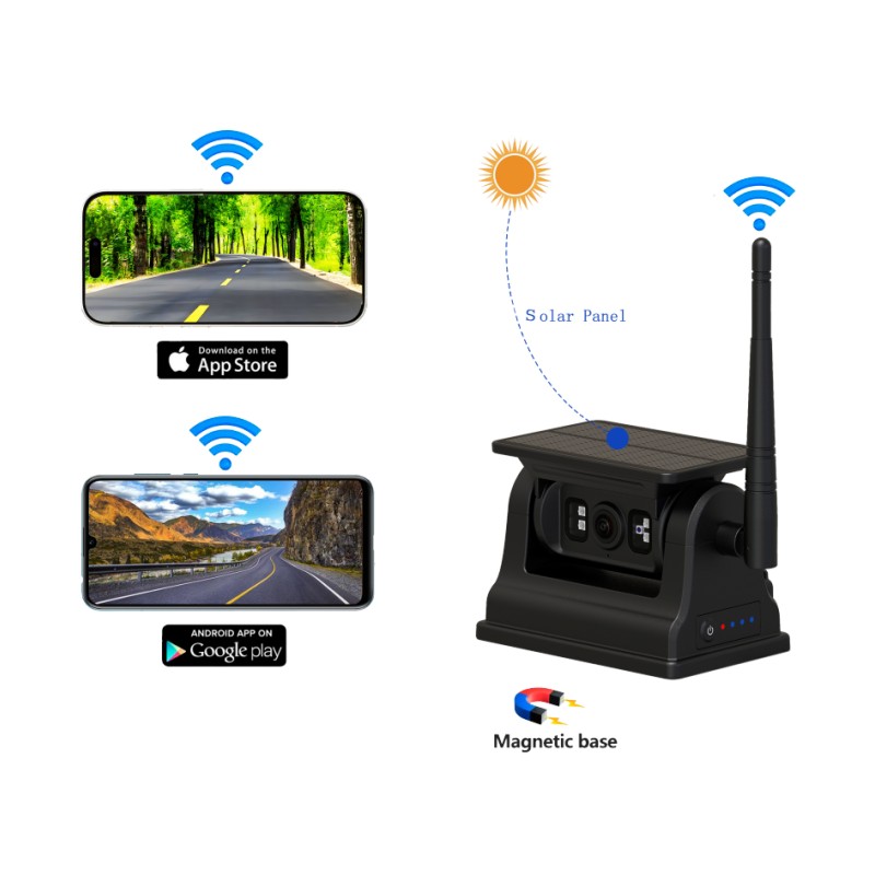 1080P WiFi belaidė galinio vaizdo kamera, skirta Android iOS su saulės įkrovimu ir magnetiniu laikikliu