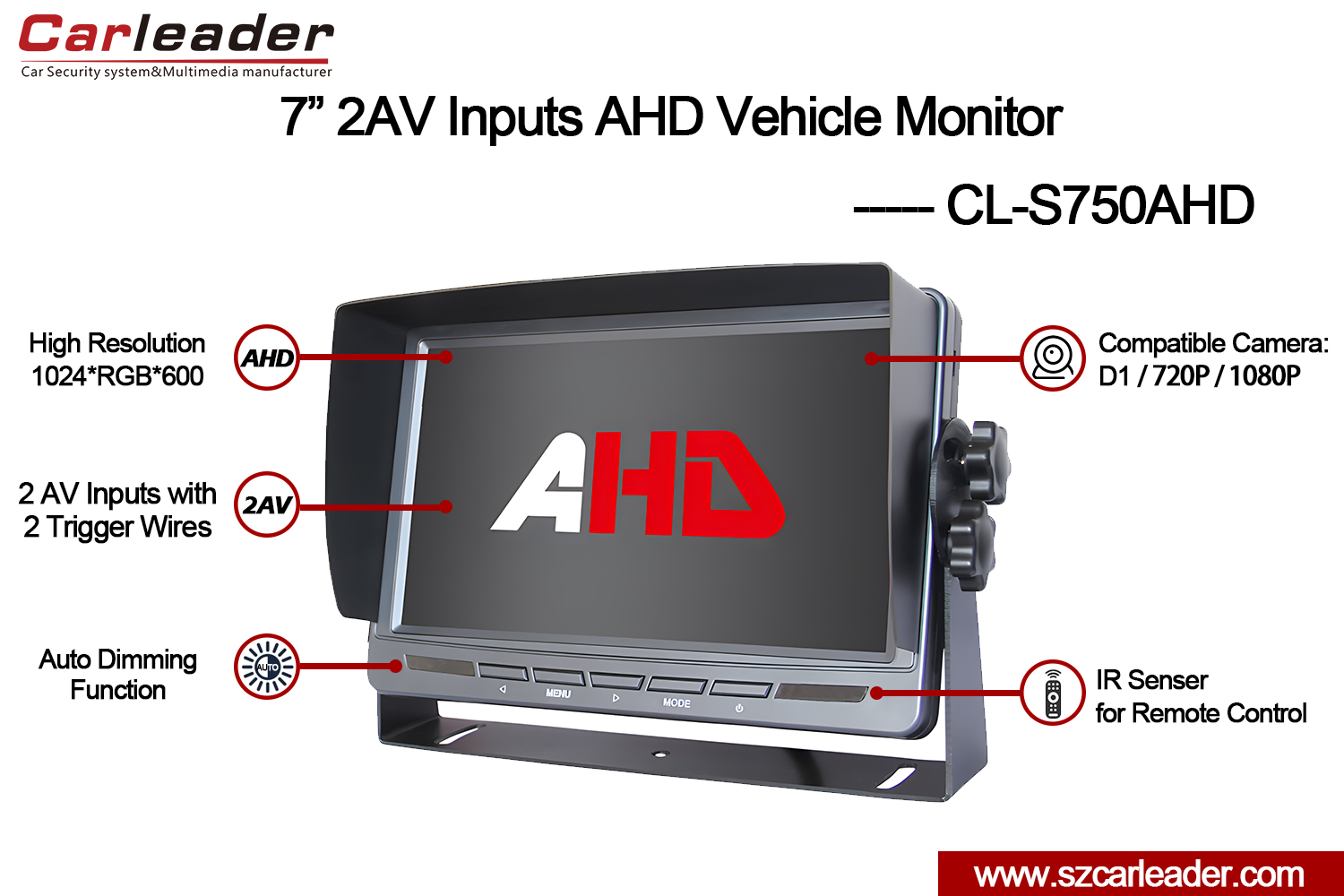 7 colių TFT LCD automobilio galinio vaizdo AHD monitorius