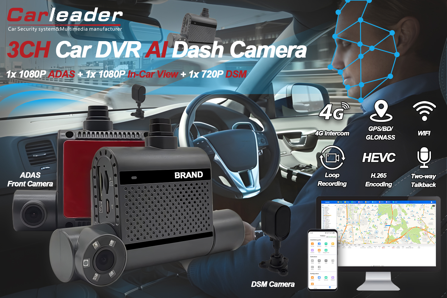 4G dviguba AI Dash kamera su ADAS ir DSM