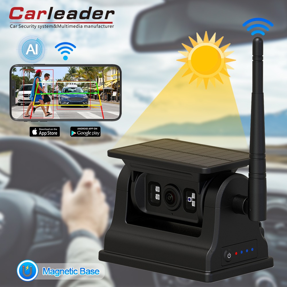 „Carleader 1080P Magnetic Solar WiFi“ belaidė RV atsarginė kamera, skirta „iOS Android“ „Carleader 1080P Magnetic Solar WiFi“ belaidė RV atsarginė kamera, skirta „iOS Android“